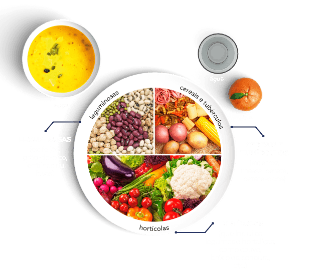 Prato ilustrando refeição vegetariana completa. Metade do prato é preenchido com hortaliças (como couve, brócolos, cenoura etc), 1/4 corresponde a leguminosas (ex. feijão, grão-de-bico, lentilhas ou favas), e o restante 1/4 corresponde aos cereais e tubérculos (ex. massa, arroz, batata-doce). Acompanha-se por uma sopa, um copo de água e uma peça de fruta,